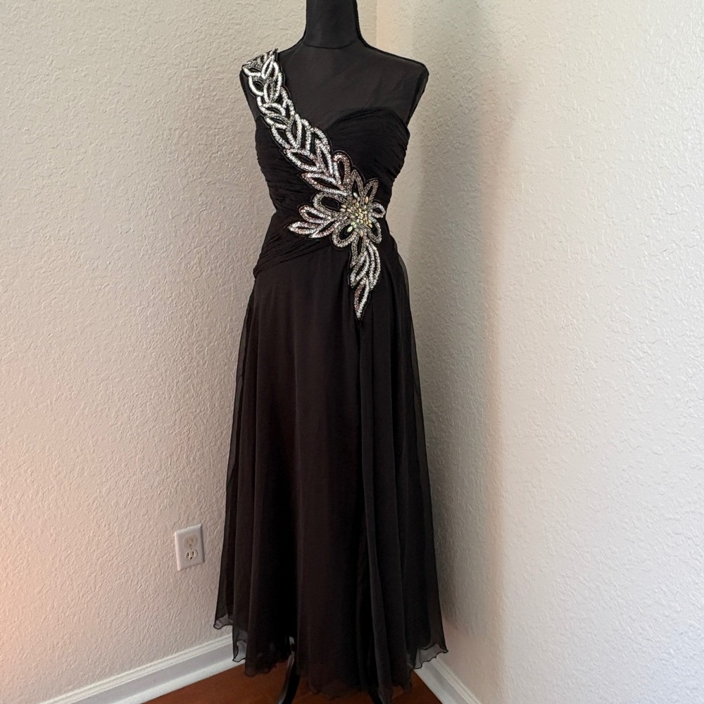 Cassandra Stone‎ Mac Duggal Black One Shoulder Sequin Cutout Gown Dress Size 8